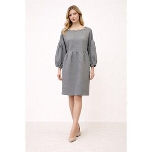 Simply Southern Quilted Dress Gray Geometric Pearl Button Puff Sleeve Large NEW